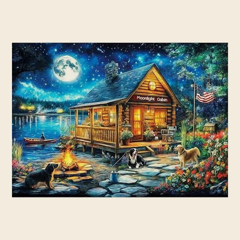 Lamplig 1000-Piece Puzzle, Lakeside Cabin Moonlight